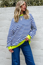 Load image into Gallery viewer, Blue Stripe Contrast Ribbed Trim Crossed Stitch Drop Shoulder Sweatshirt