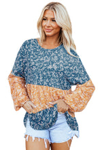 Load image into Gallery viewer, Orange Floral Color Block Ruffled Hem Round Neck Blouse