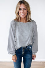 Load image into Gallery viewer, Light Grey Waffle Patchwork Long Sleeve Raw Hem Pullover Top