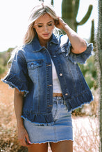 Load image into Gallery viewer, Peacock Blue Raw Edge Ruffled Short Sleeve Denim Jacket