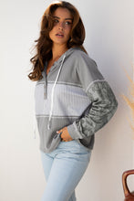 Load image into Gallery viewer, Gray Waffle Printed Patchwork Drawstring Hooded Long Sleeve Top