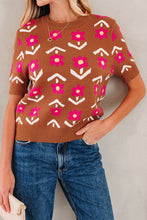 Load image into Gallery viewer, Brown Floral Short Puff Sleeve Sweater