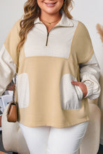 Load image into Gallery viewer, Khaki Stripe Mix Half Zip French Terry Plus Size Sweatshirt