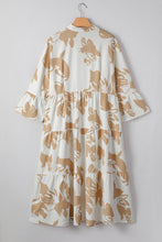 Load image into Gallery viewer, Khaki Patterned Ruffled Sleeve Half Placket Tiered A-line Plus Size Long Dress