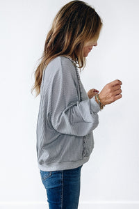 Light Grey Waffle Patchwork Long Sleeve Raw Hem Pullover Top