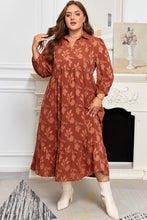 Load image into Gallery viewer, Cinnamon Plus Size Textured 3D Flower Pattern Ruffle Hem 3/4 Sleeve Long Dress