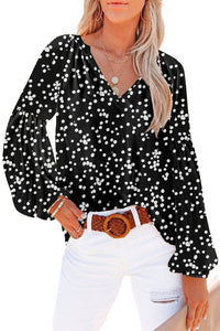 Golden Apricot Floral Print V Neck Long Puff Sleeve Top