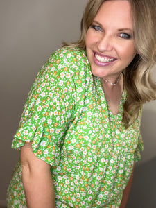 Green Floral Print Ruffle Sleeve V Neck Blouse Top