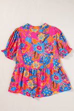 Load image into Gallery viewer, Rose Floral Print Puff Sleeve V Neck Blouse