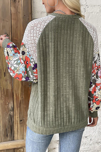 Laurel Green Floral Patchwork Long Sleeve Ribbed Blouse