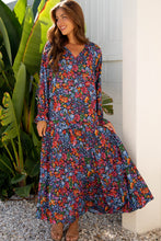 Load image into Gallery viewer, Blue Floral Print Tassel Tie V Neck Long Sleeve Flowy Long Dress