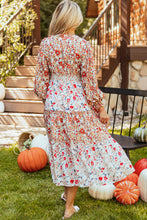 Load image into Gallery viewer, Khaki Floral Print Ruffled Tiered Long Sleeve V Neck Midi Dress