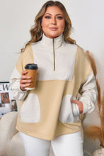 Load image into Gallery viewer, Khaki Stripe Mix Half Zip French Terry Plus Size Sweatshirt