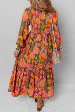 Load image into Gallery viewer, Orange Floral Puff Sleeve Smocked Bodice Ruffled Long Dress
