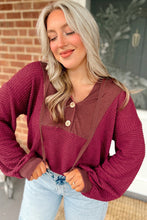 Load image into Gallery viewer, Oatmeal Waffle Patchwork Drop Shoulder Hooded Long Sleeve Top