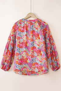 Golden Apricot Floral Print V Neck Long Puff Sleeve Top