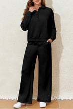 Load image into Gallery viewer, Black Solid Collared Sweatshirt and High Waist Pants Active Set