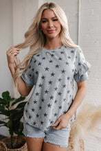 Load image into Gallery viewer, Gray Star Print Tiered Ruffled Sleeve Crew Neck T Shirt