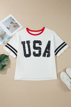 Load image into Gallery viewer, White Retro USA Striped Trim Short Sleeve Plus Size Tee