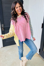 Load image into Gallery viewer, Multicolour Color Block Striped Patchwork Dolman Sleeve Slit Sweater