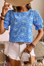 Load image into Gallery viewer, Sky Blue Eyelet Flower Embroidery Frilled Short Puff Sleeve Blouse