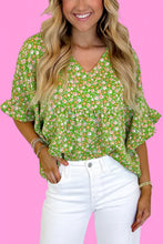 Load image into Gallery viewer, Green Floral Print Ruffle Sleeve V Neck Blouse Top