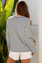 Load image into Gallery viewer, Gray Stripe Starry Patch Drop Shoulder Raw Edge Casual Knit Top