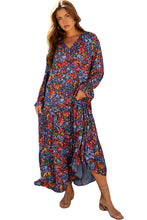 Load image into Gallery viewer, Blue Floral Print Tassel Tie V Neck Long Sleeve Flowy Long Dress