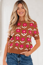 Load image into Gallery viewer, Brown Floral Short Puff Sleeve Sweater