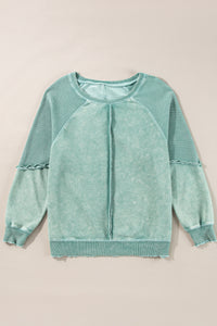 Mineral Blue Solid Waffle Knit Patchwork Raglan Sleeve Sweatshirt