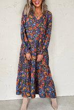 Load image into Gallery viewer, Blue Floral Print Tassel Tie V Neck Long Sleeve Flowy Long Dress