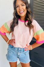Load image into Gallery viewer, Light Blue Color Block Stitching Sleeve Round Neck Oversize Top