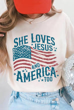 Load image into Gallery viewer, White She Loves Jesus and America Flag Graphic Tee