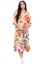 Load image into Gallery viewer, Orange Floral Print Split V Neck Tiered Maxi Dress