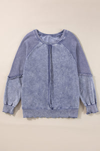 Sail Blue Solid Waffle Knit Patchwork Raglan Sleeve Sweatshirt