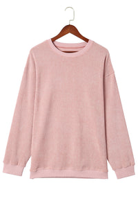 Pink Solid Ribbed Knit Round Neck Pullover Sweatshirt