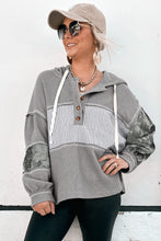 Load image into Gallery viewer, Gray Waffle Printed Patchwork Drawstring Hooded Long Sleeve Top