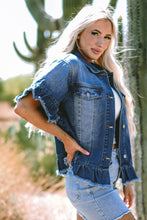 Load image into Gallery viewer, Peacock Blue Raw Edge Ruffled Short Sleeve Denim Jacket