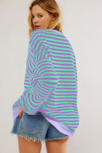 Load image into Gallery viewer, Blue Stripe Contrast Ribbed Trim Crossed Stitch Drop Shoulder Sweatshirt