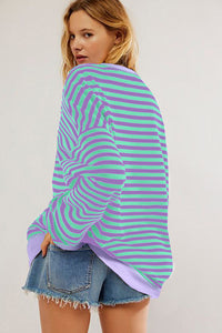 Blue Stripe Contrast Ribbed Trim Crossed Stitch Drop Shoulder Sweatshirt