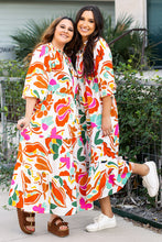 Load image into Gallery viewer, Orange Floral Print Split V Neck Tiered Maxi Dress