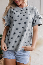 Load image into Gallery viewer, Gray Star Print Tiered Ruffled Sleeve Crew Neck T Shirt