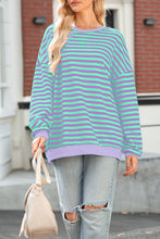 Load image into Gallery viewer, Blue Stripe Contrast Ribbed Trim Crossed Stitch Drop Shoulder Sweatshirt