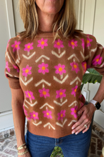 Load image into Gallery viewer, Brown Floral Short Puff Sleeve Sweater