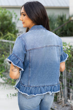 Load image into Gallery viewer, Peacock Blue Raw Edge Ruffled Short Sleeve Denim Jacket
