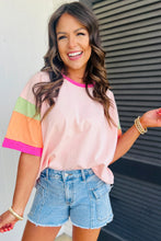 Load image into Gallery viewer, Light Blue Color Block Stitching Sleeve Round Neck Oversize Top