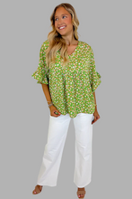 Load image into Gallery viewer, Green Floral Print Ruffle Sleeve V Neck Blouse Top