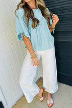 Load image into Gallery viewer, Mist Blue Tie Half Sleeve Pleated Detail Babydoll Blouse