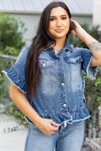 Load image into Gallery viewer, Peacock Blue Raw Edge Ruffled Short Sleeve Denim Jacket