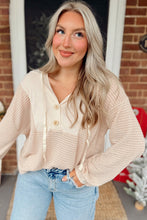 Load image into Gallery viewer, Oatmeal Waffle Patchwork Drop Shoulder Hooded Long Sleeve Top